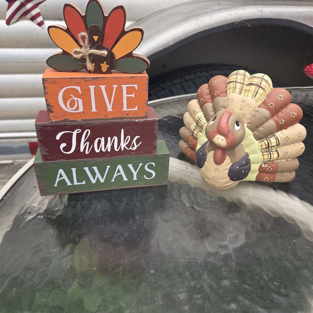 VTG Thanksgiving Decor Turkey Figurine Wooden Block Sign Give Thanks Always